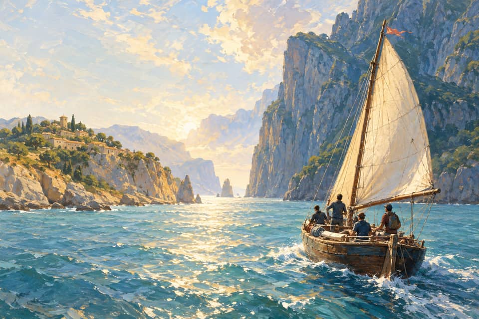 A crew sets out in a wooden sailboat between immense blue cliffs and sunlit headlands.